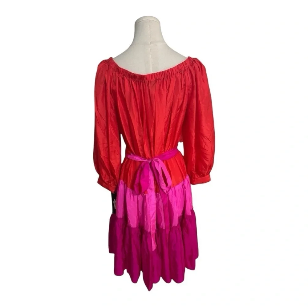 DNKY SILK Colorful Tiered Skirt Pink Orange Party 8 Bloomingdale’s Cruise Midi - Picture 4 of 10